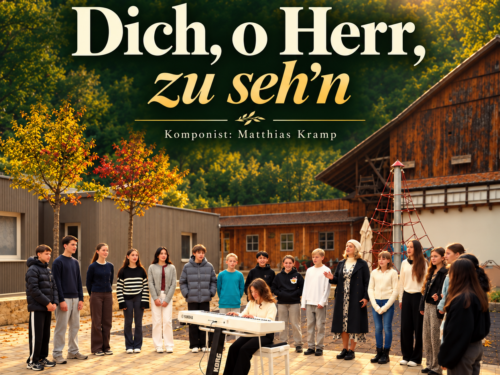Weg durch eine Wiese im goldenen Morgenlicht mit dem Schriftzug „Dich, oh Herr, zu seh’n“