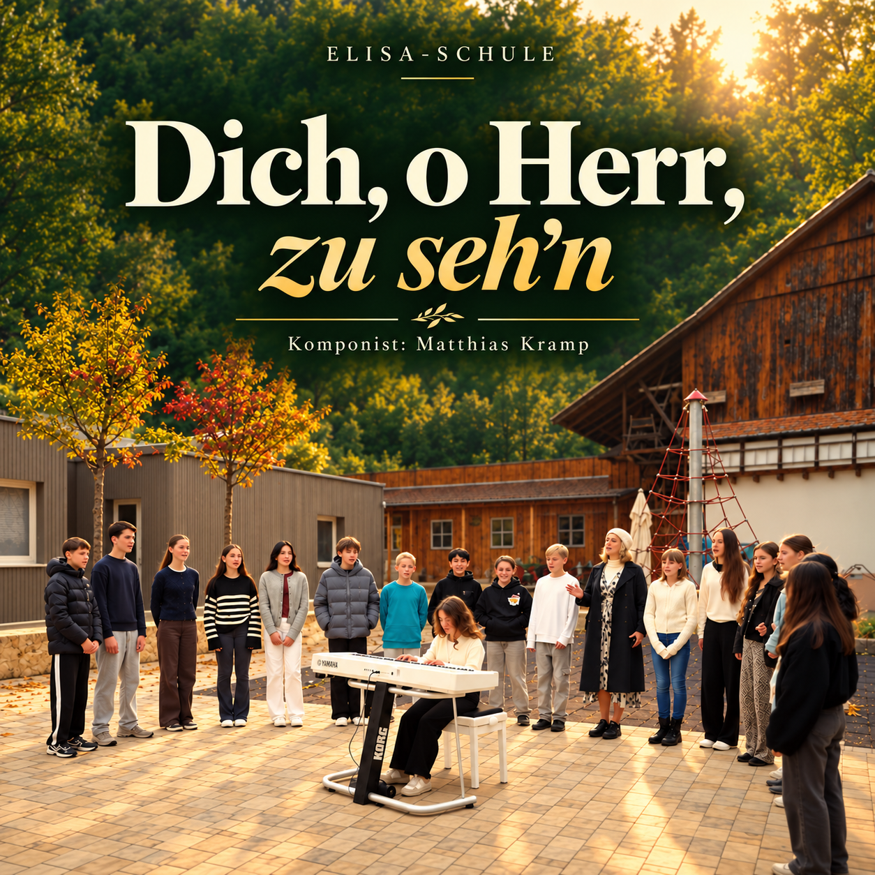 Weg durch eine Wiese im goldenen Morgenlicht mit dem Schriftzug „Dich, oh Herr, zu seh’n“